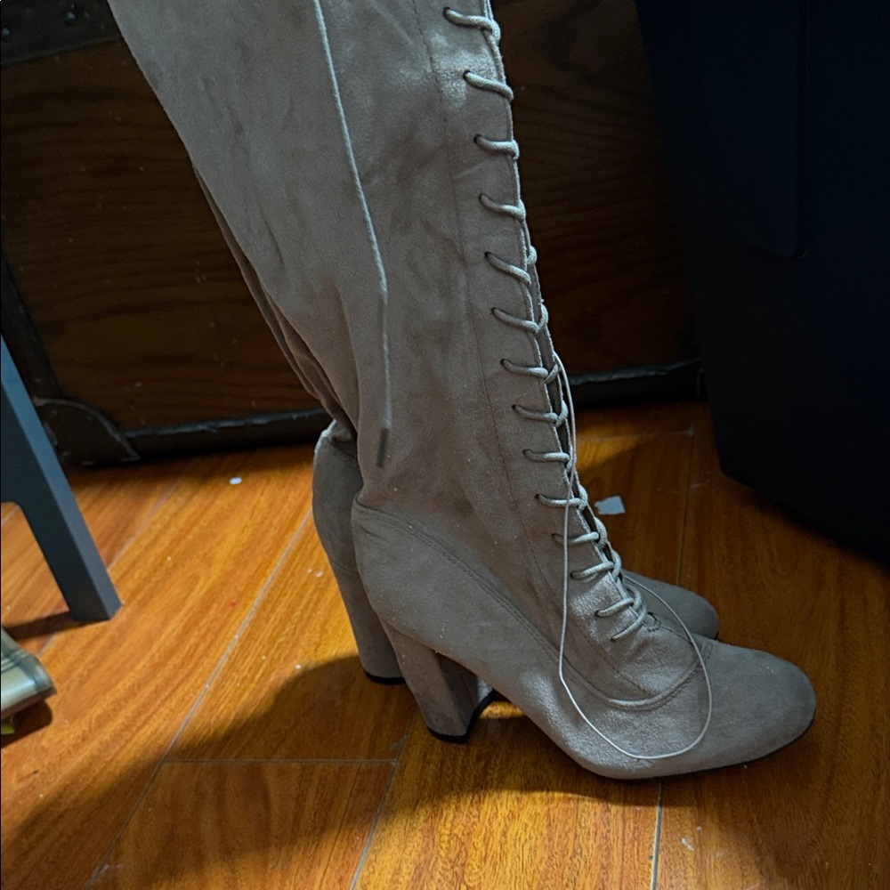 Lace-Up Suede Knee-High Bootie in Taupe